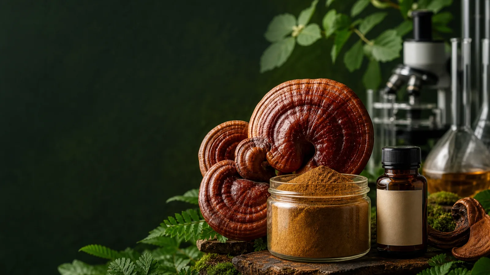 Reishi fruiting bodies, powder and laboratory glassware
